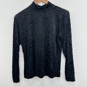 Frazier Lawrence Black Velvet Damask Mock Neck Long‎ Sleeve Goth Dramatic Indie
